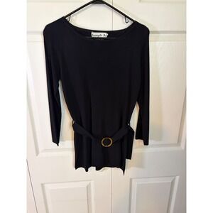 Joseph A Womens Black Knit Belted Tunic Top Boat Neck Long Sleeve Size L 33355L